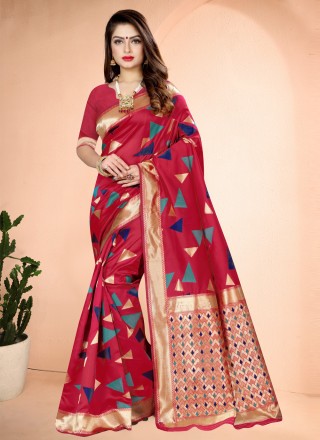 Hot Pink Printed Designer Traditional Saree