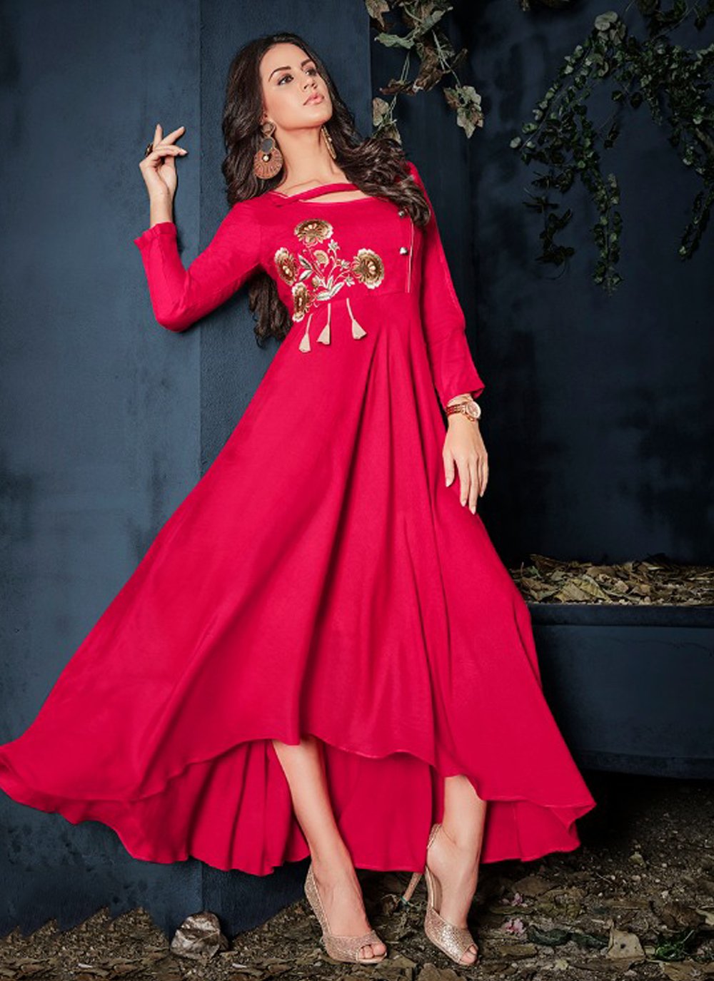 Hot Pink Rayon Embroidered Party Wear Kurti