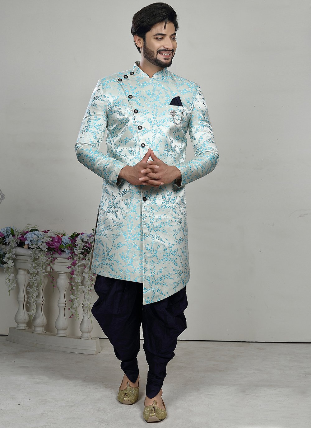 Imported Silver Embroidered Indo Western Sherwani