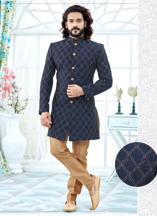 Jacquard Embroidered Indo Western in Blue