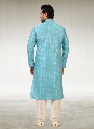 Jacquard Silk Aqua Blue Plain Kurta Pyjama
