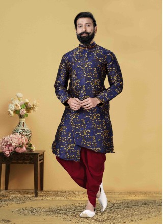 Jacquard Silk Blue Embroidered Indo Western