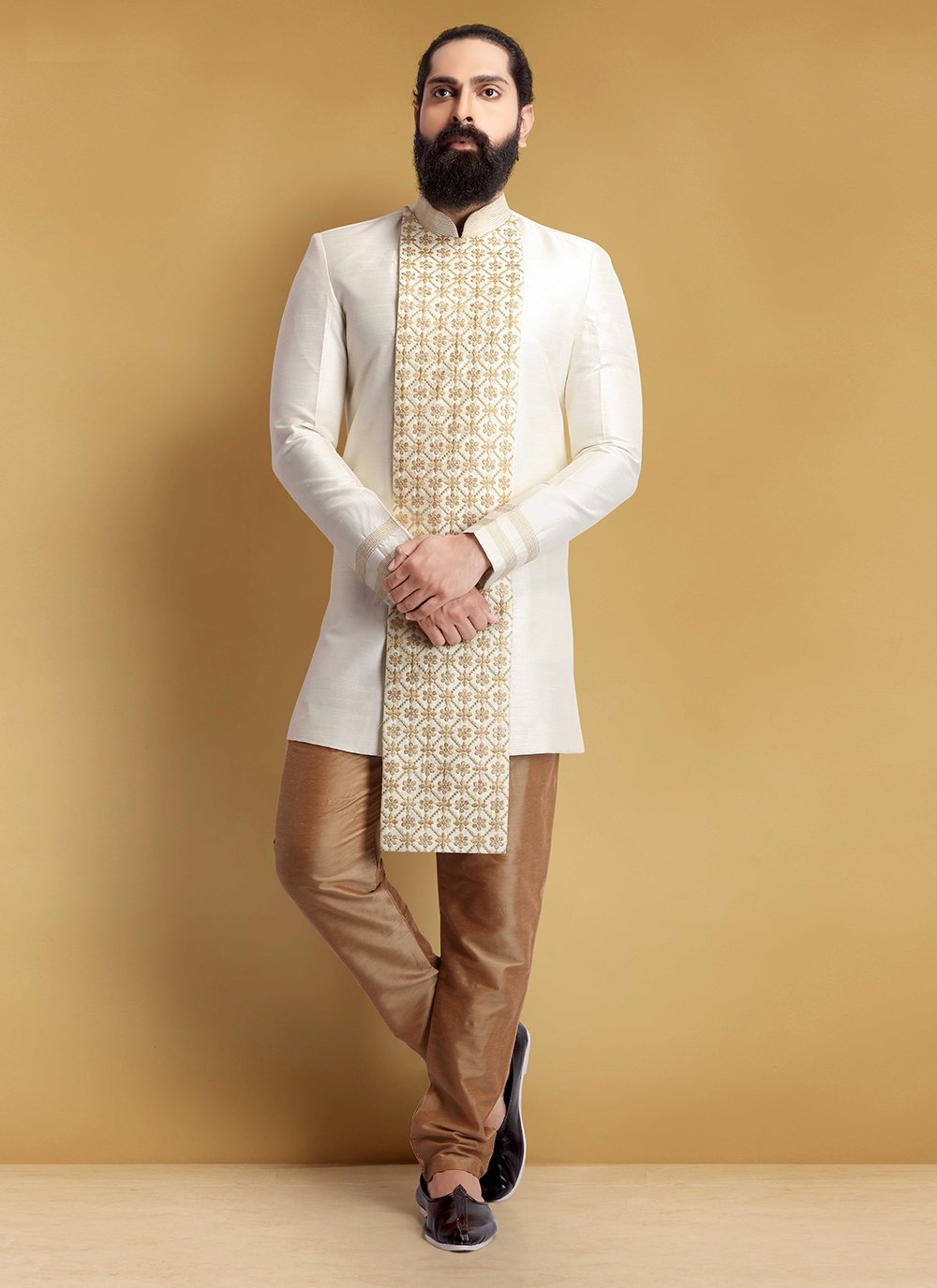 Jacquard Silk Embroidered Indo Western in White