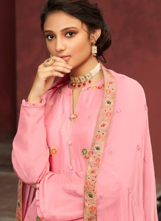 Jacquard Silk Embroidered Pink Designer Palazzo Suit