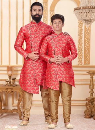 Jacquard Silk Gold and Red Woven Indo Western