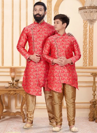 Jacquard Silk Gold and Red Woven Indo Western