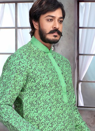 Jacquard Silk Kurta Pyjama in Green