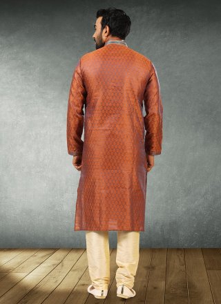 Jacquard Silk Kurta Pyjama in Rust