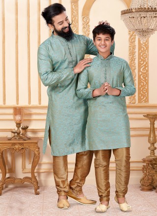 Jacquard Silk Sea Green Kurta Pyjama
