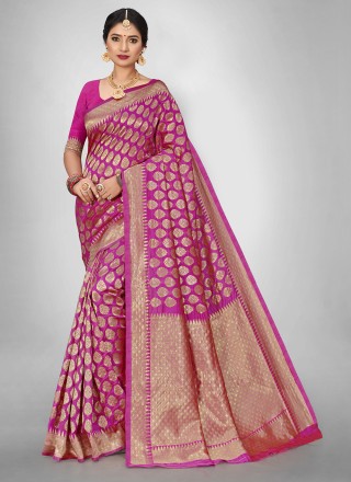 Jacquard Silk Silk Saree in Pink
