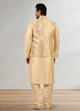 Jacquard Work Banarasi Silk Kurta Payjama With Jacket in Beige