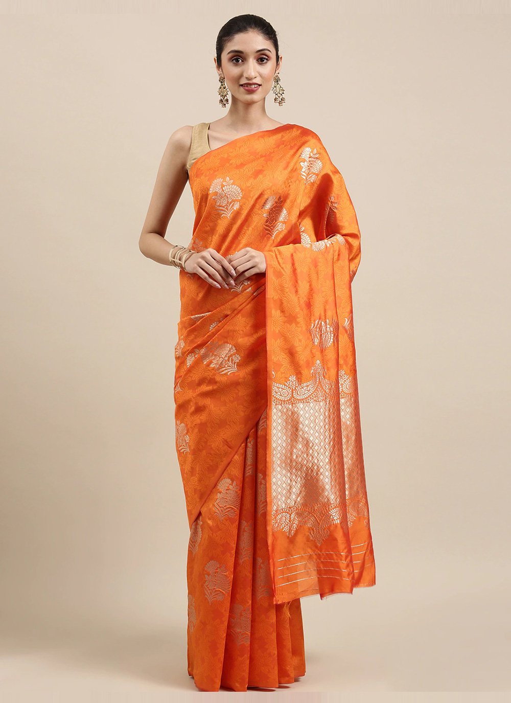 Jacquard Work Orange Cotton Silk Traditional Saree
