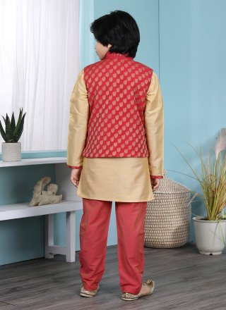 Jacquard Work Work Cream and Red Cotton Silk Kurta Payjama With Jacket
