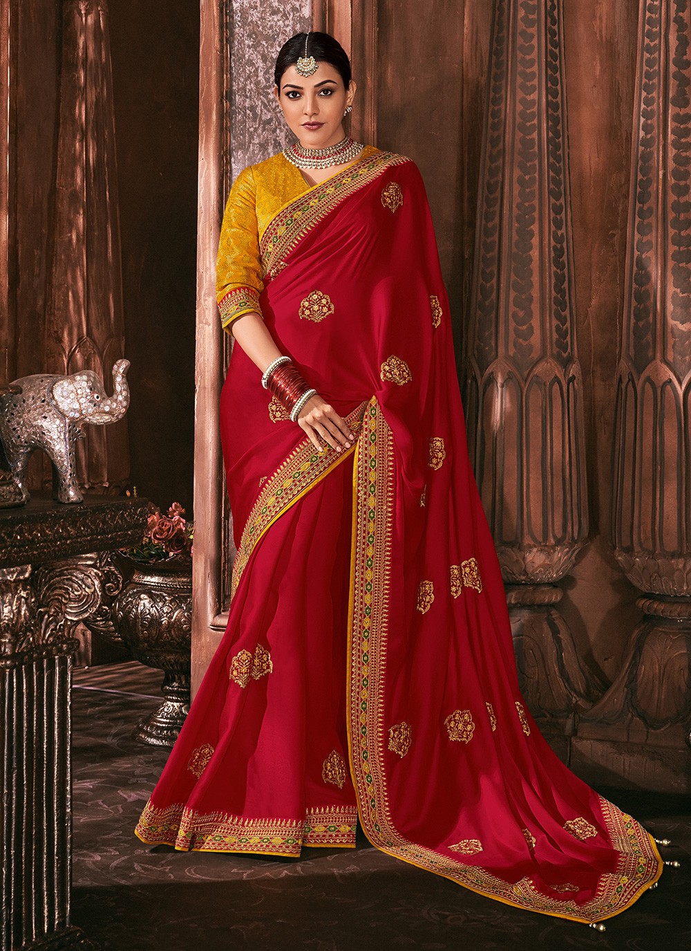 Kajal Aggarwal Fancy Fabric Red Designer Traditional Saree