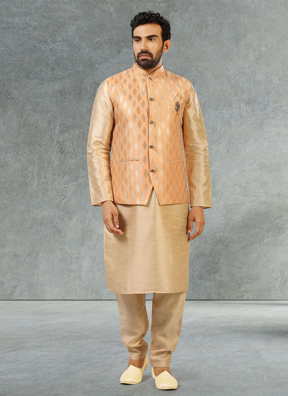 Kurta Payjama With Jacket Jacquard Work Banarasi Silk in Beige and Peach