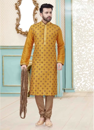 Kurta Pyjama Embroidered Art Dupion Silk in Yellow