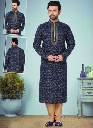 Kurta Pyjama Embroidered Cotton Silk in Navy Blue