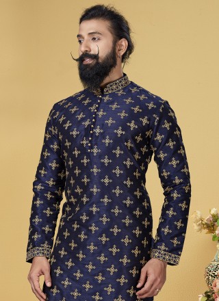 Kurta Pyjama Embroidered Dupion Silk in Blue