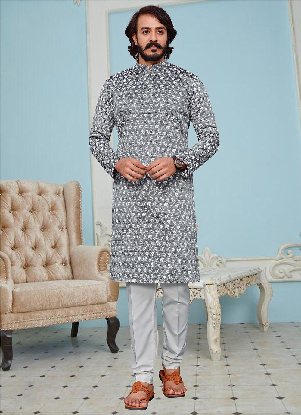 Kurta Pyjama Lucknowi work Art Silk in Grey