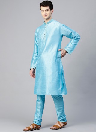 Kurta Pyjama Plain Dupion Silk in Aqua Blue