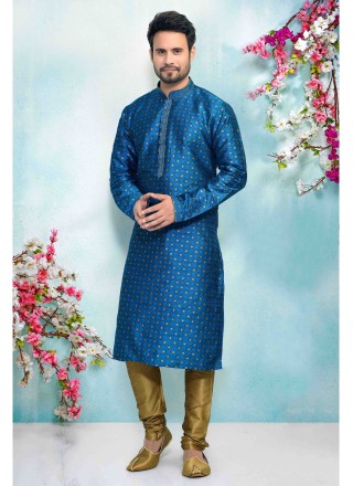 Kurta Pyjama Print Jacquard Silk in Blue