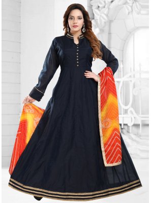 Lace Chanderi Readymade Gown in Navy Blue