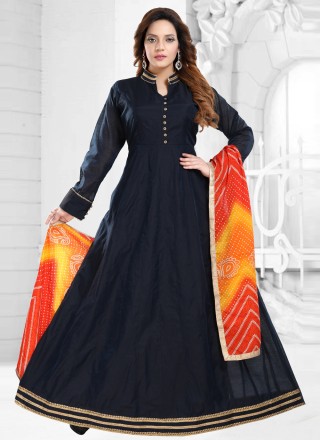 Lace Chanderi Readymade Gown in Navy Blue