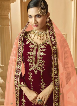Lace Faux Georgette Designer Palazzo Salwar Kameez in Magenta and Peach