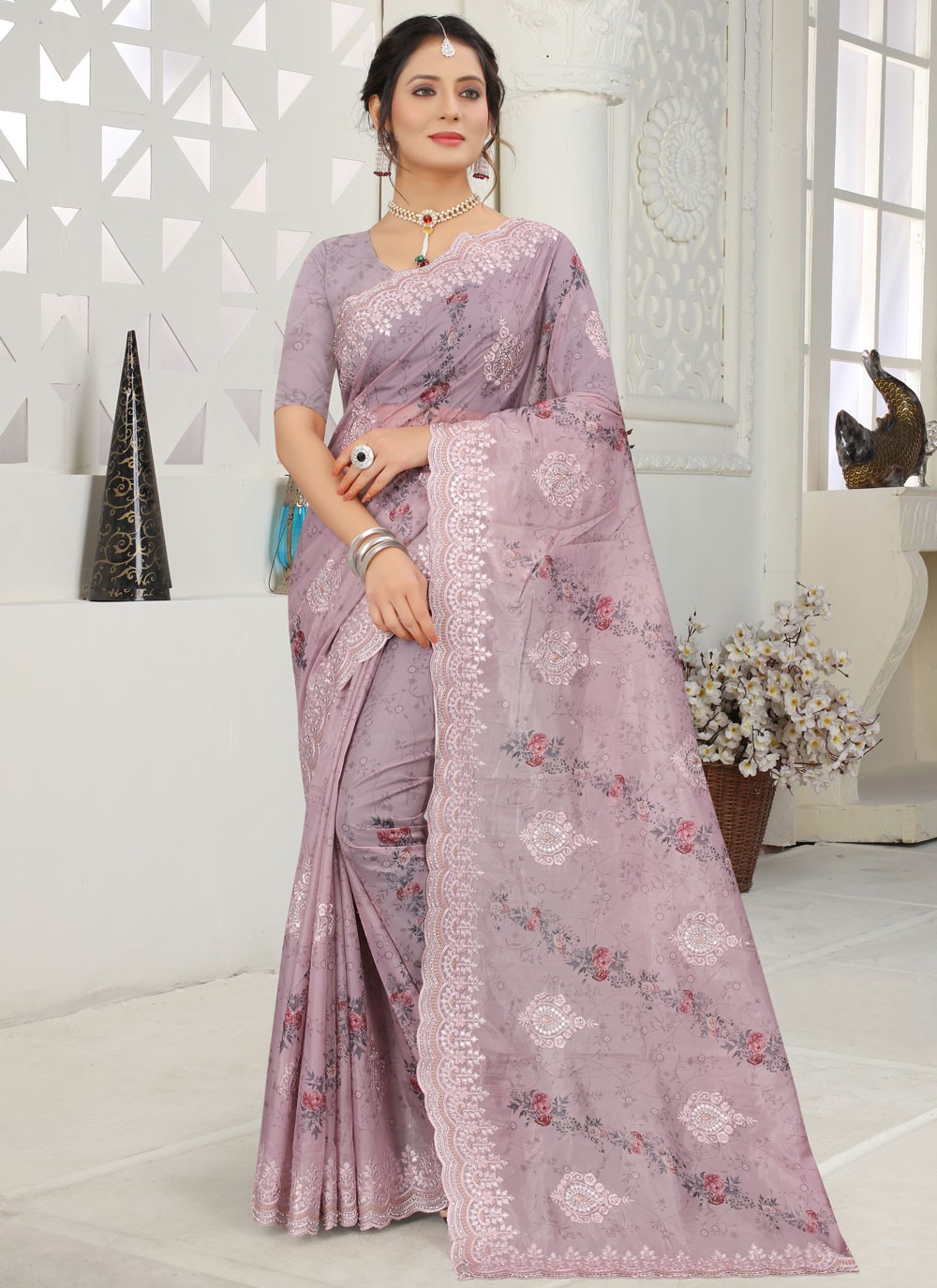 Lavender Resham Designer Saree