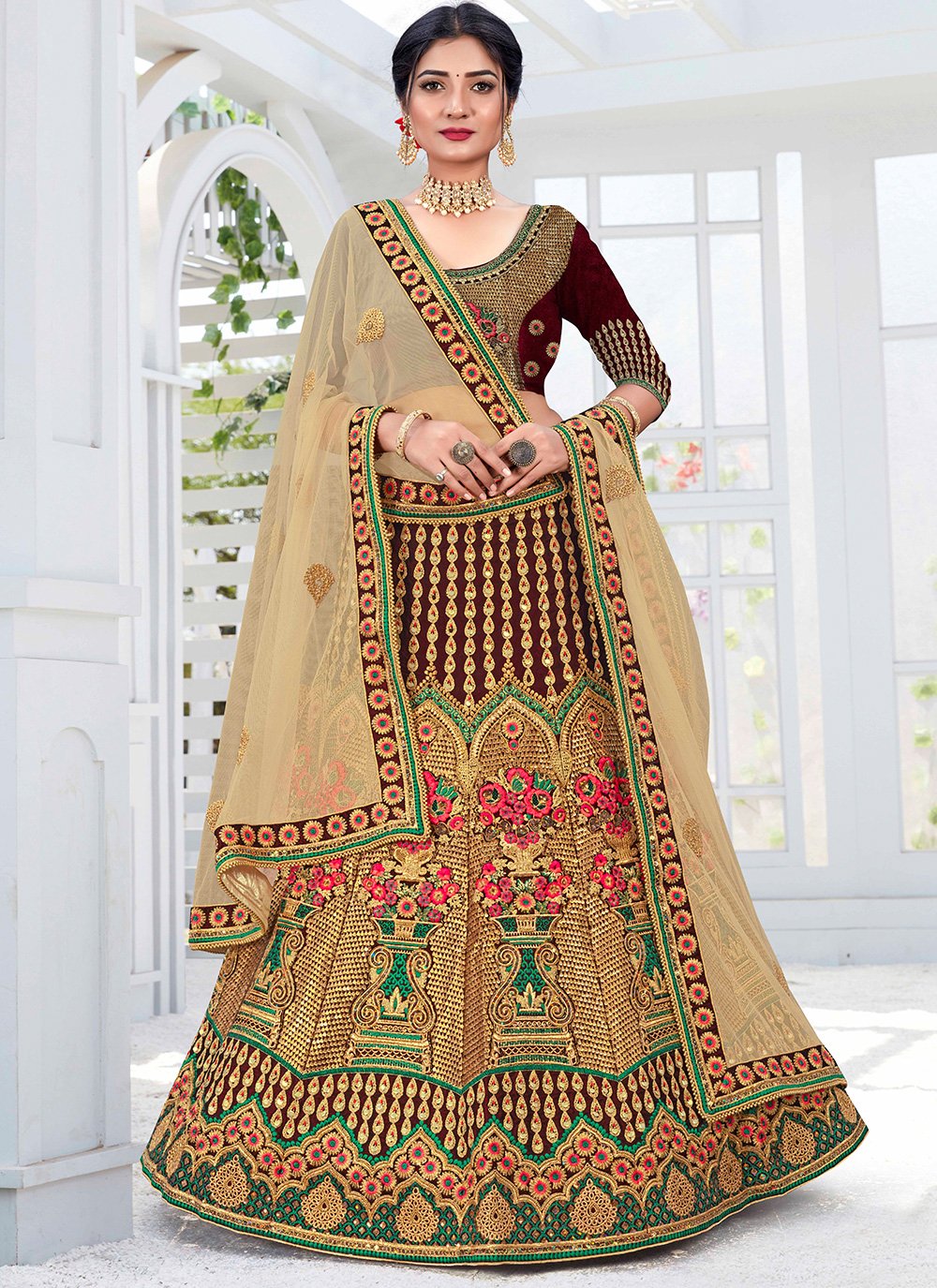 Buy LAALZARI Wine Color Lehenga and Blouse with Attached Dupatta (Set of 2)  online