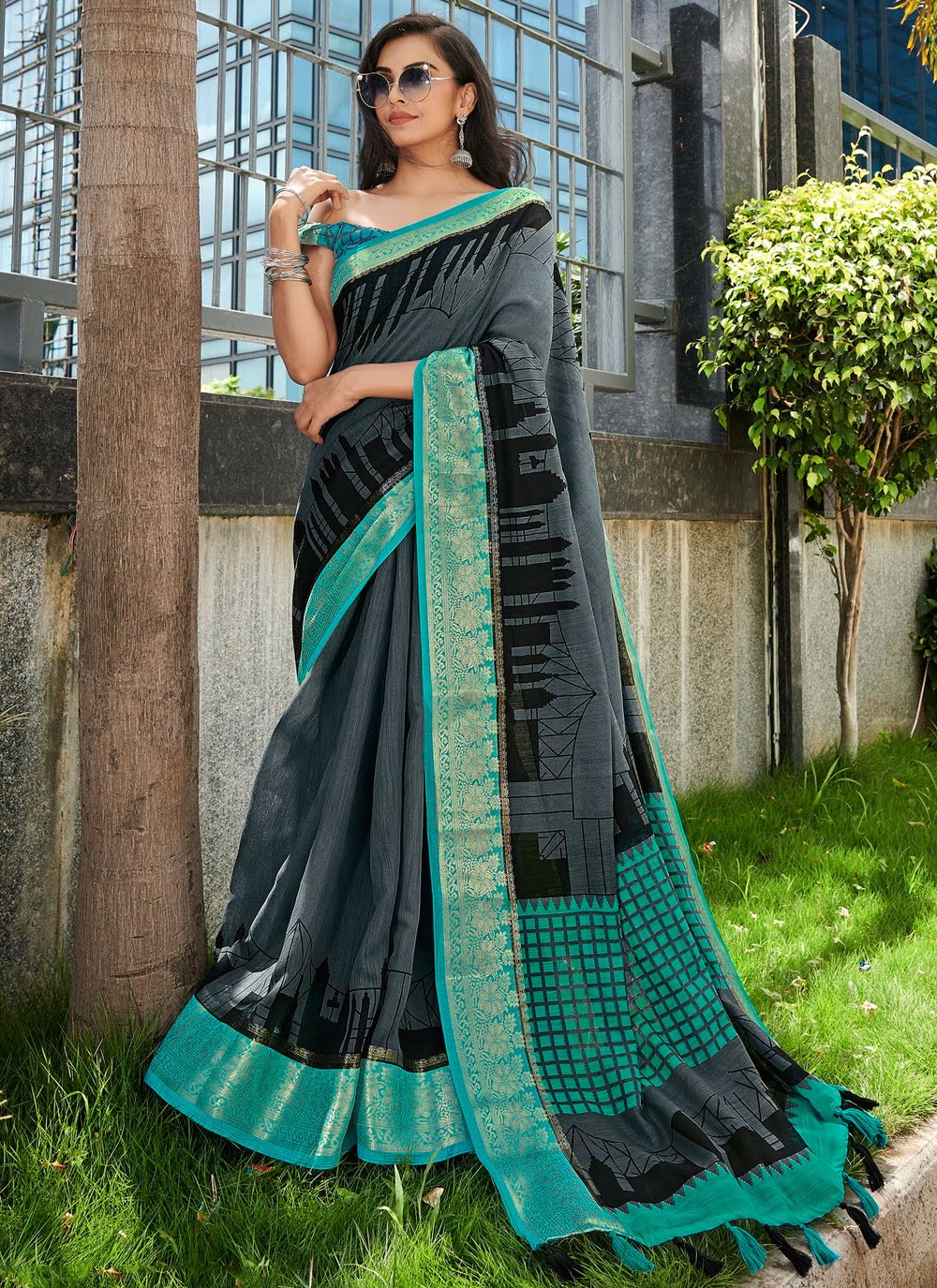Linen Black Printed Saree