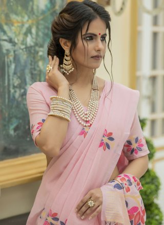 Linen Pink Print Classic Designer Saree