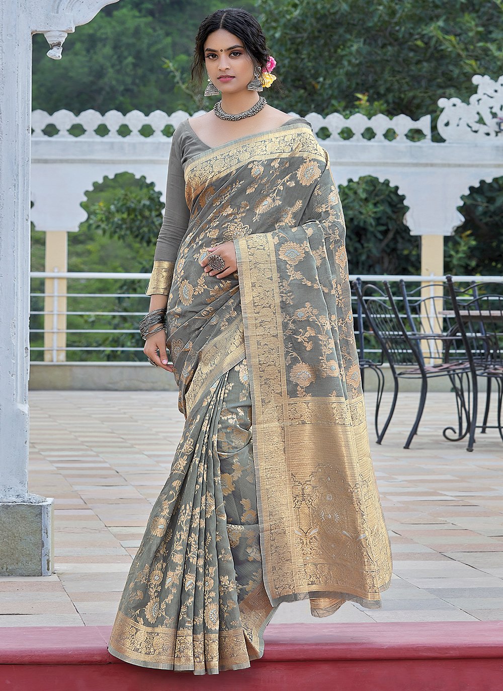 Linen Weaving Grey Traditional Designer Saree