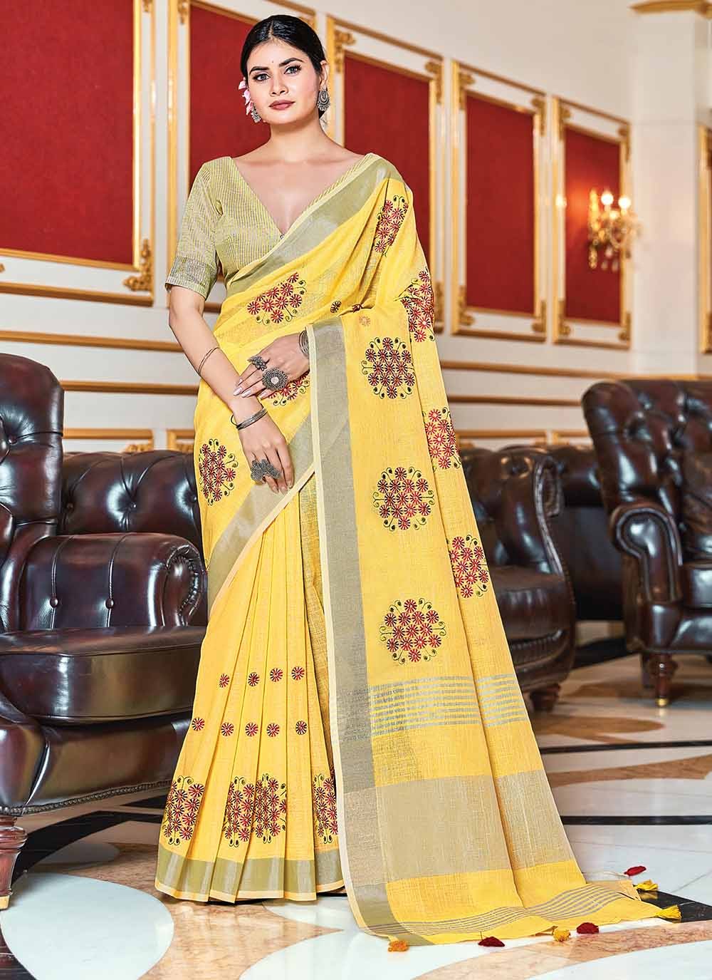 Linen Yellow Trendy Saree