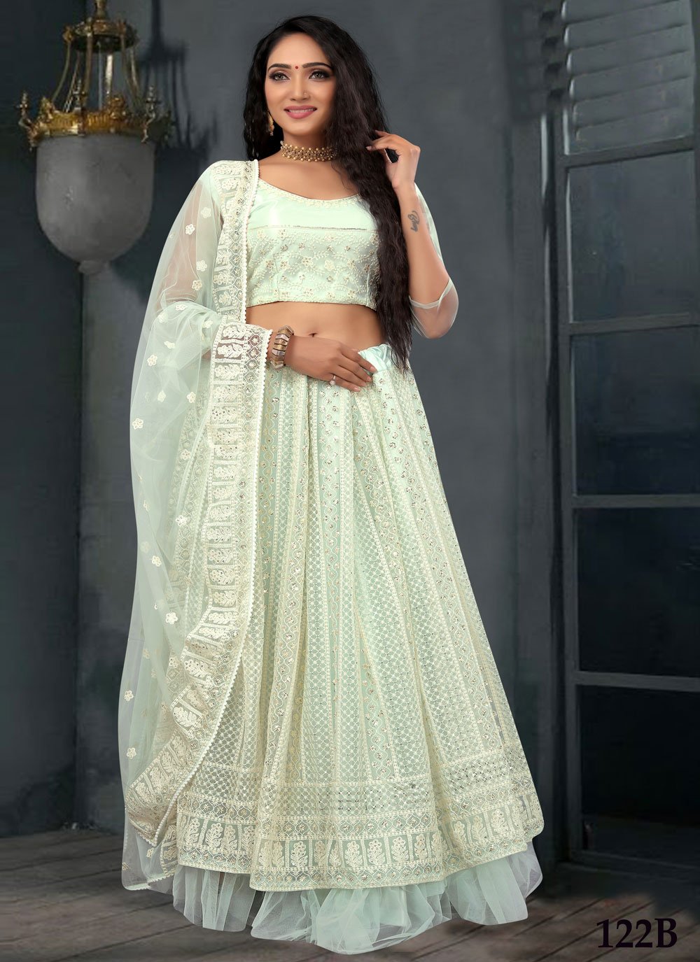 White Color Lucknowi Embroidery Work Georgette Lehenga Set -