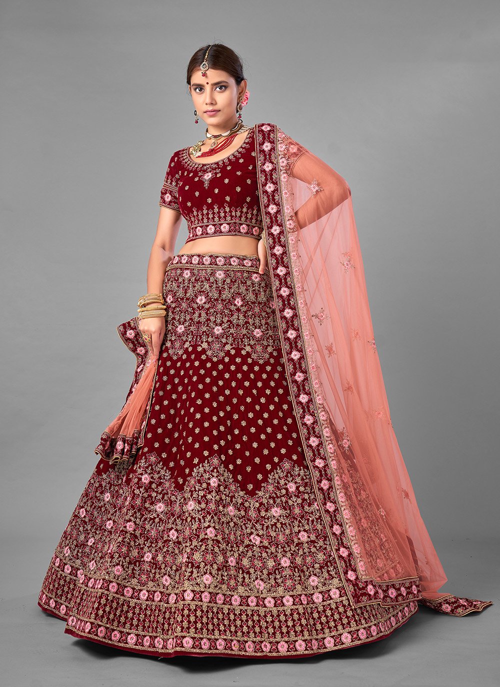 Maroon Silk Lehenga Choli Indian Ethnic Wedding Wear Lengha Chunri Lahanga Saree 