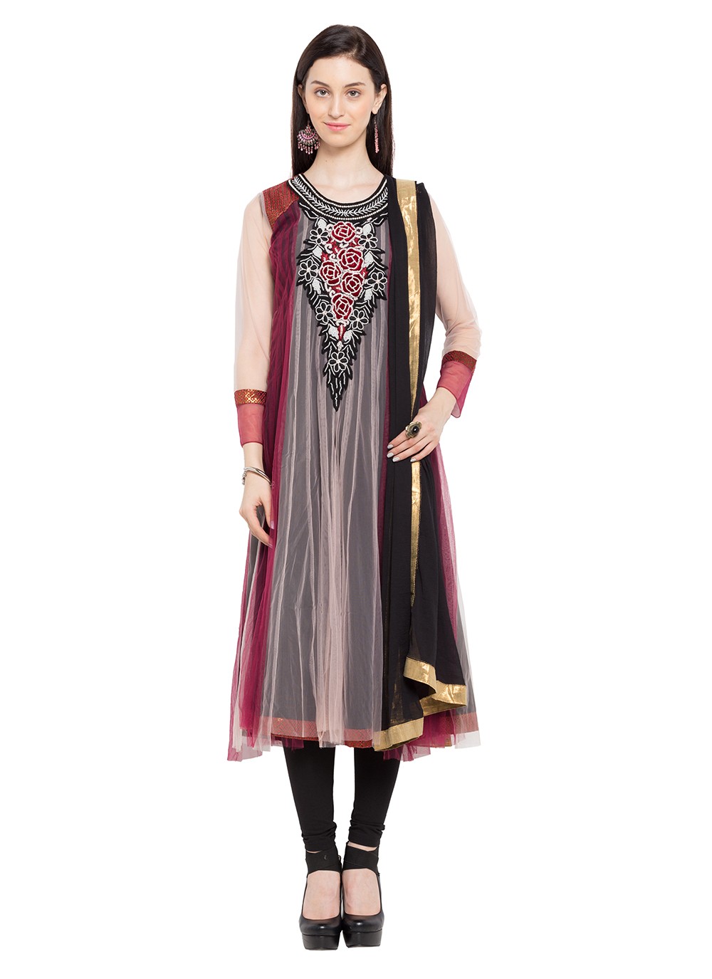 Maroon and Pink Color Readymade Anarkali Salwar Suit
