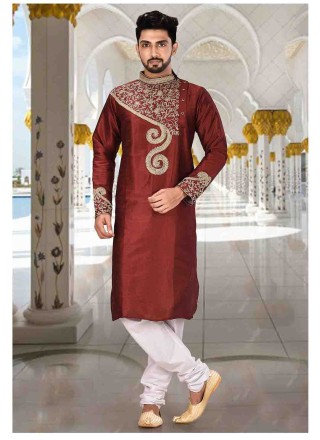Silk India Poly Blend Wedding Wear Maroon Kurta Pajama, Adult at