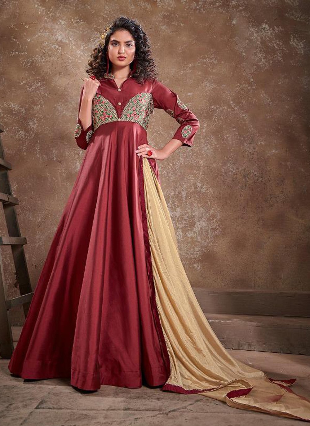 Maroon Embroidered Readymade Anarkali Suit