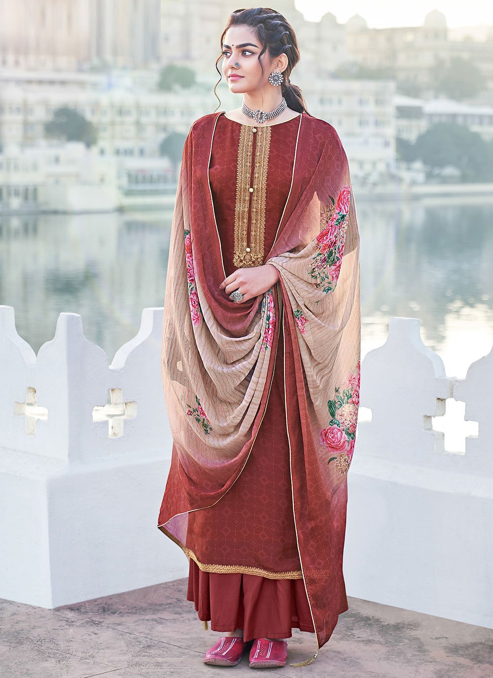 Maroon Embroidered Silk Designer Palazzo Suit