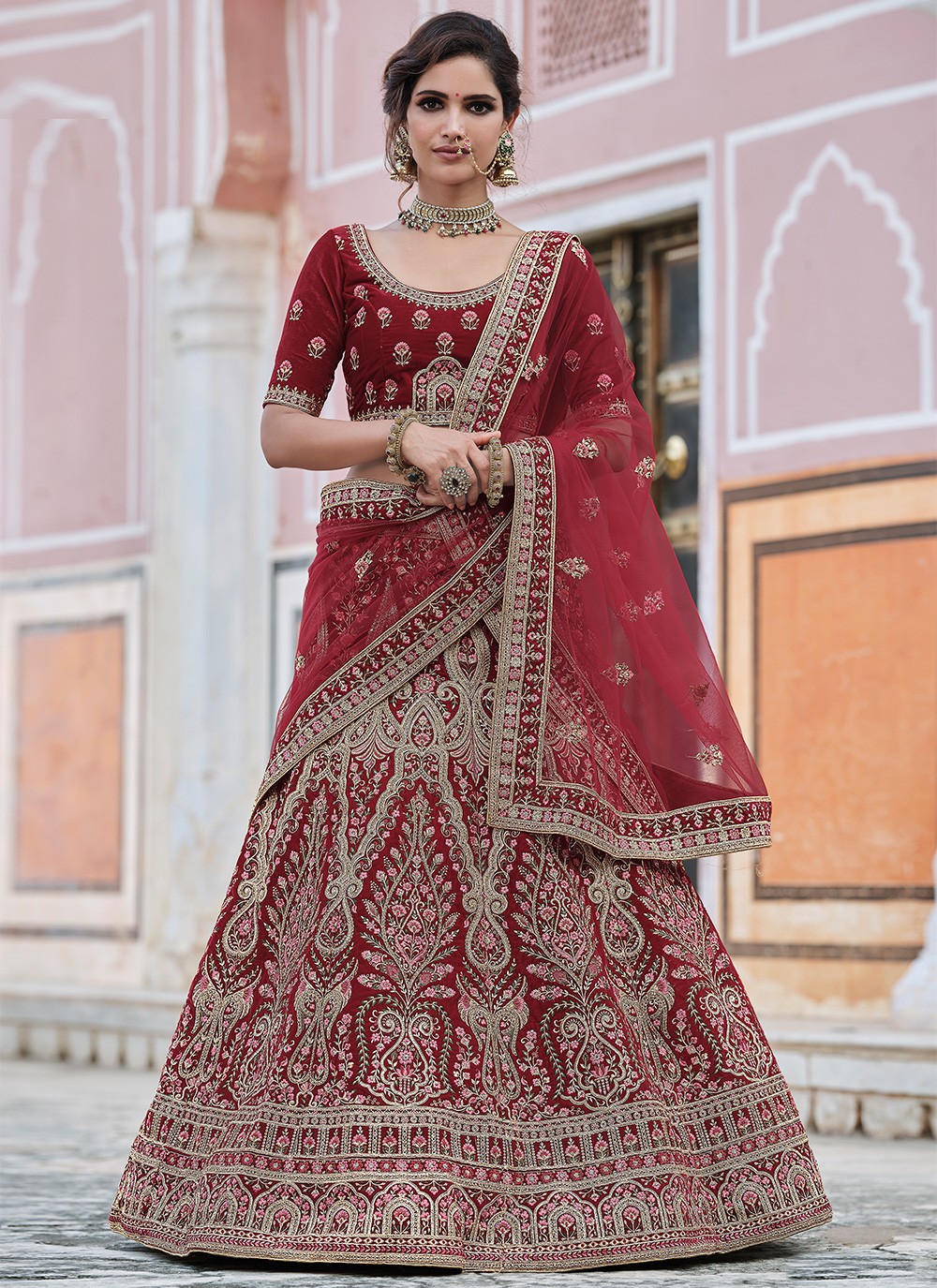 Red And Golden Embroidered Party Wear Lehenga Suit