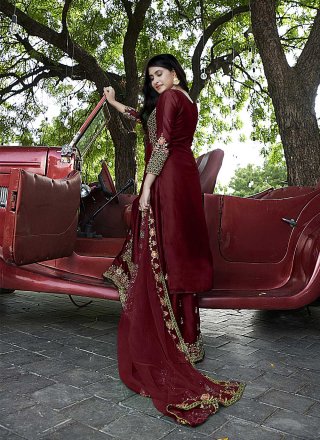 Maroon Satin Designer Pakistani Suit