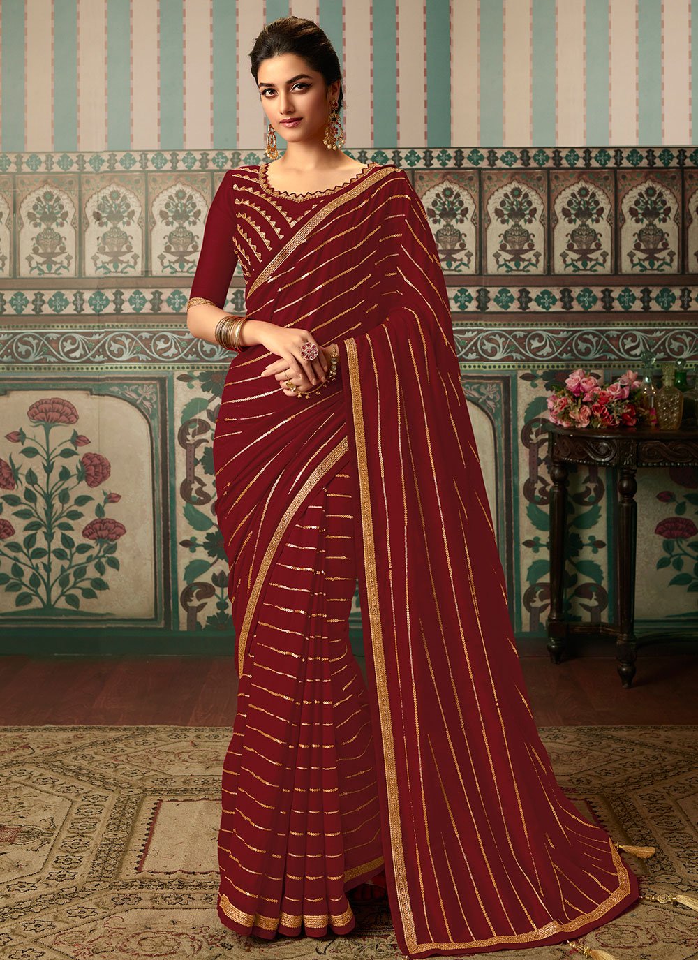 Maroon Vichitra Silk Designer Traditional Saree