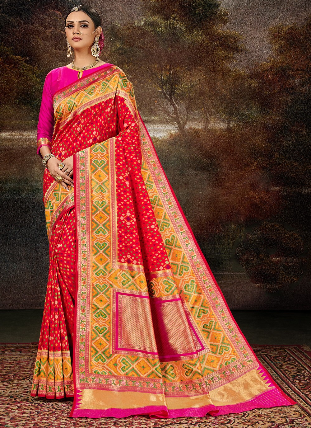 Multi Colour and Red Silk Saree