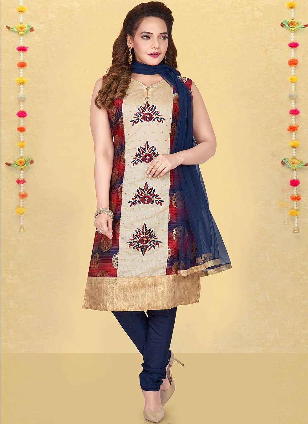 Multi Colour Embroidered Silk Readymade Suit