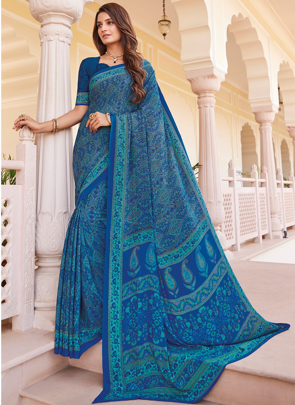 Vishal Prints Dark Turquoise Blue Digital Print Criva Crepe Saree