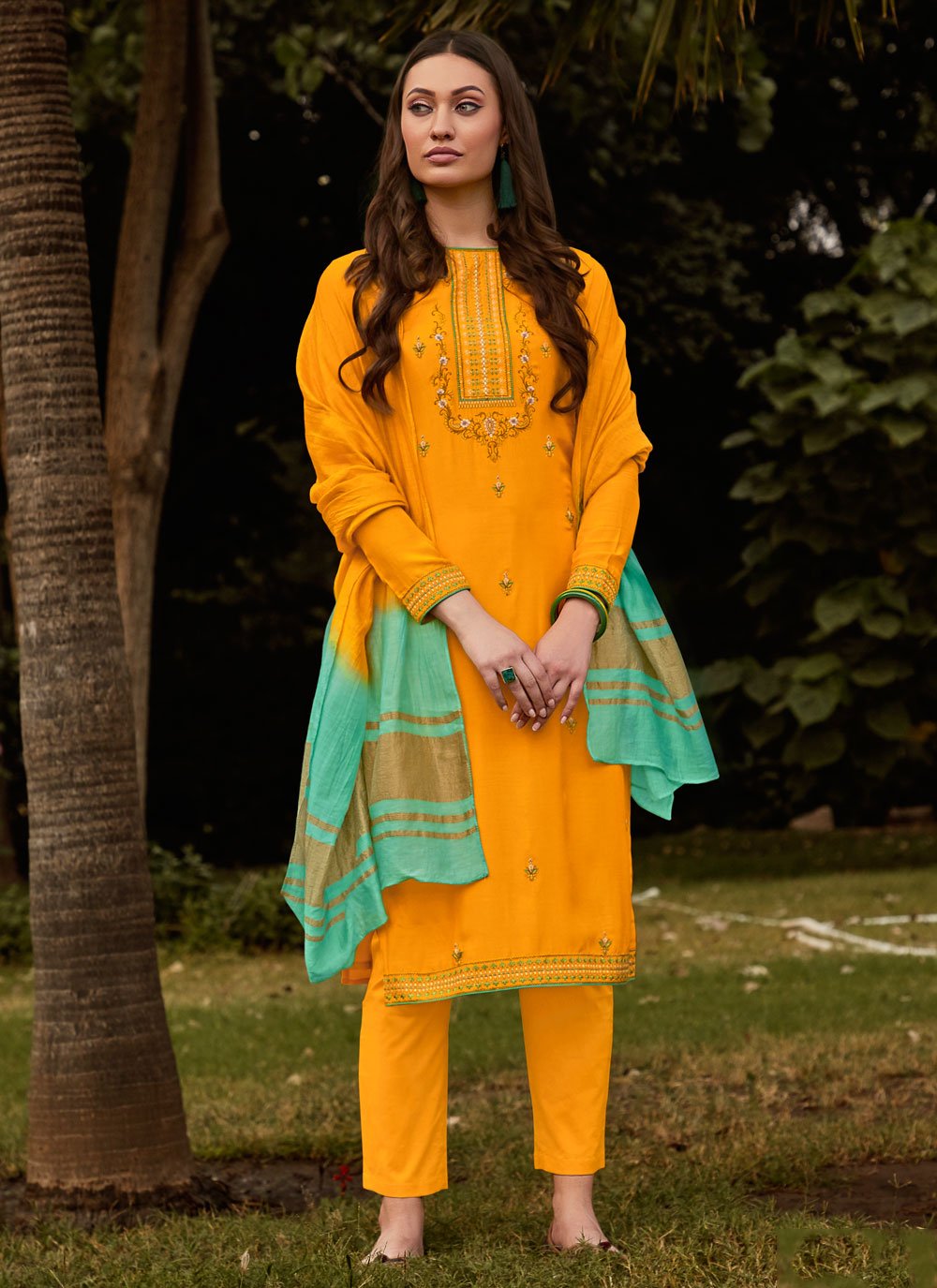 Muslin Embroidered Pant Style Suit