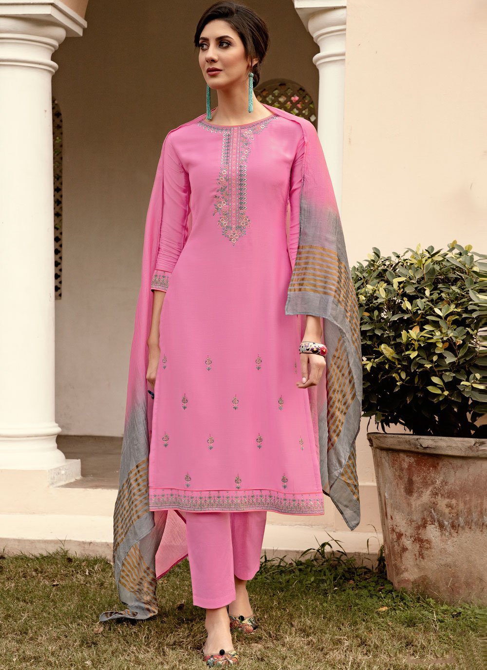 Muslin Embroidered Pink Pant Style Suit