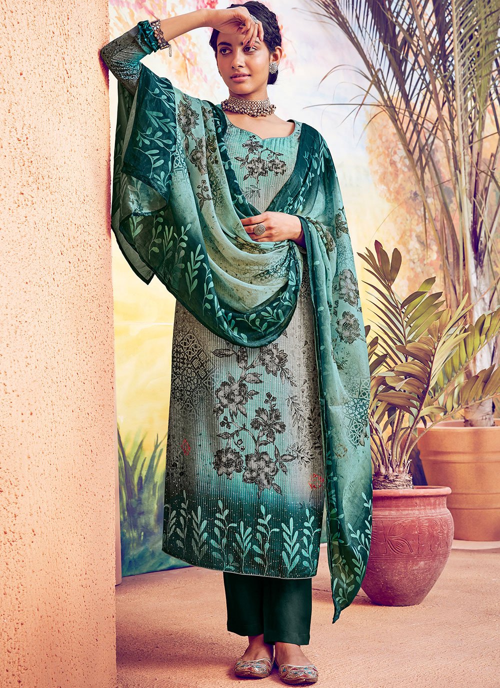 Muslin Green Digital Print Designer Straight Salwar Suit