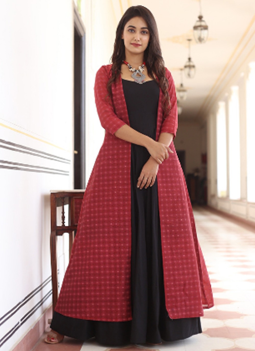 Exotic deep red (maroon) colour rayon silk kurti with beautiful aari